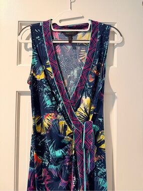 BCBGMaxAzria Navy Floral Wrap Dress with Yellow, Teal & Pink Accents